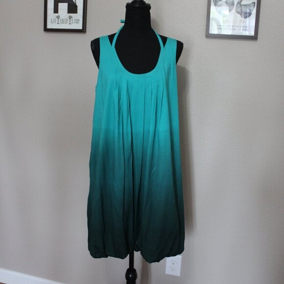 Express Womens Teal Ombre Bubble Hem Y2K Silk Dress Pleated Size Large NWT Short - Picture 1 of 7